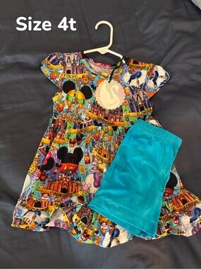 Sugar Swan Colorful Theme Park Print Dress with Teal Shorts - Size 4T